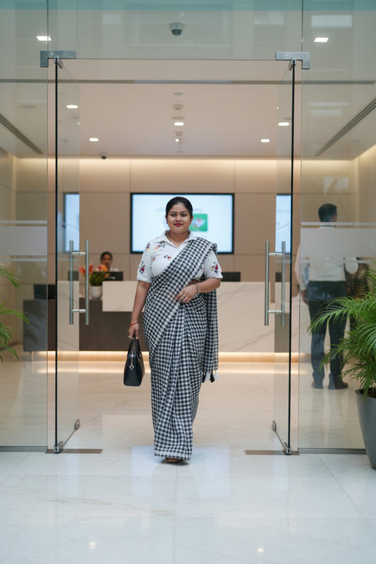 Black checkered mul cotton saree