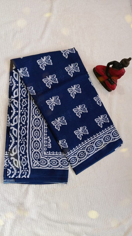 Blue butterfly hand block print mul cotton saree