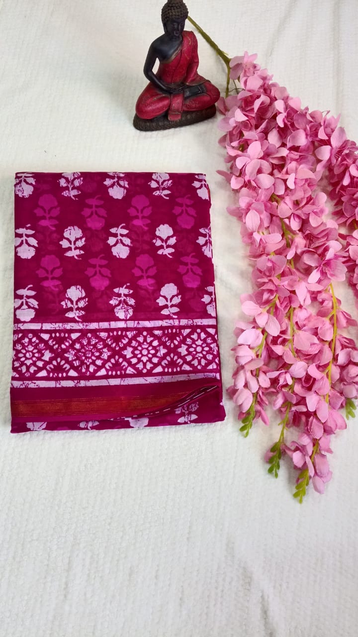 Pink Hand Block print mul cotton saree