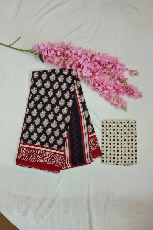 Black hand block printed mul cotton saree