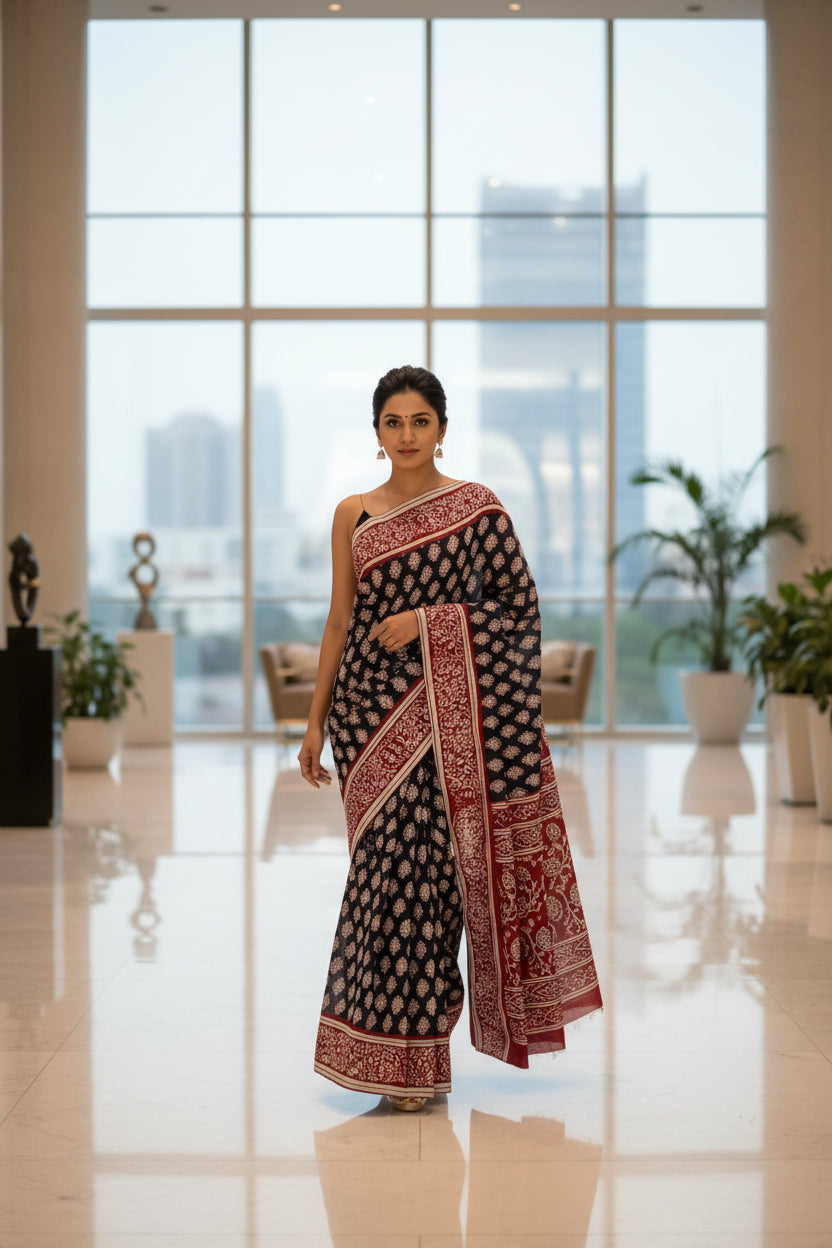 Black hand block printed mul cotton saree