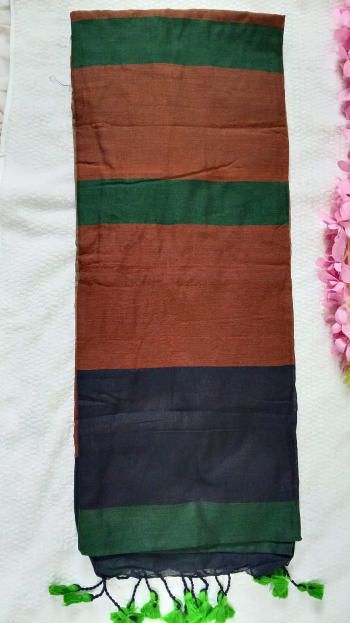 stripped brown green khadi saree
