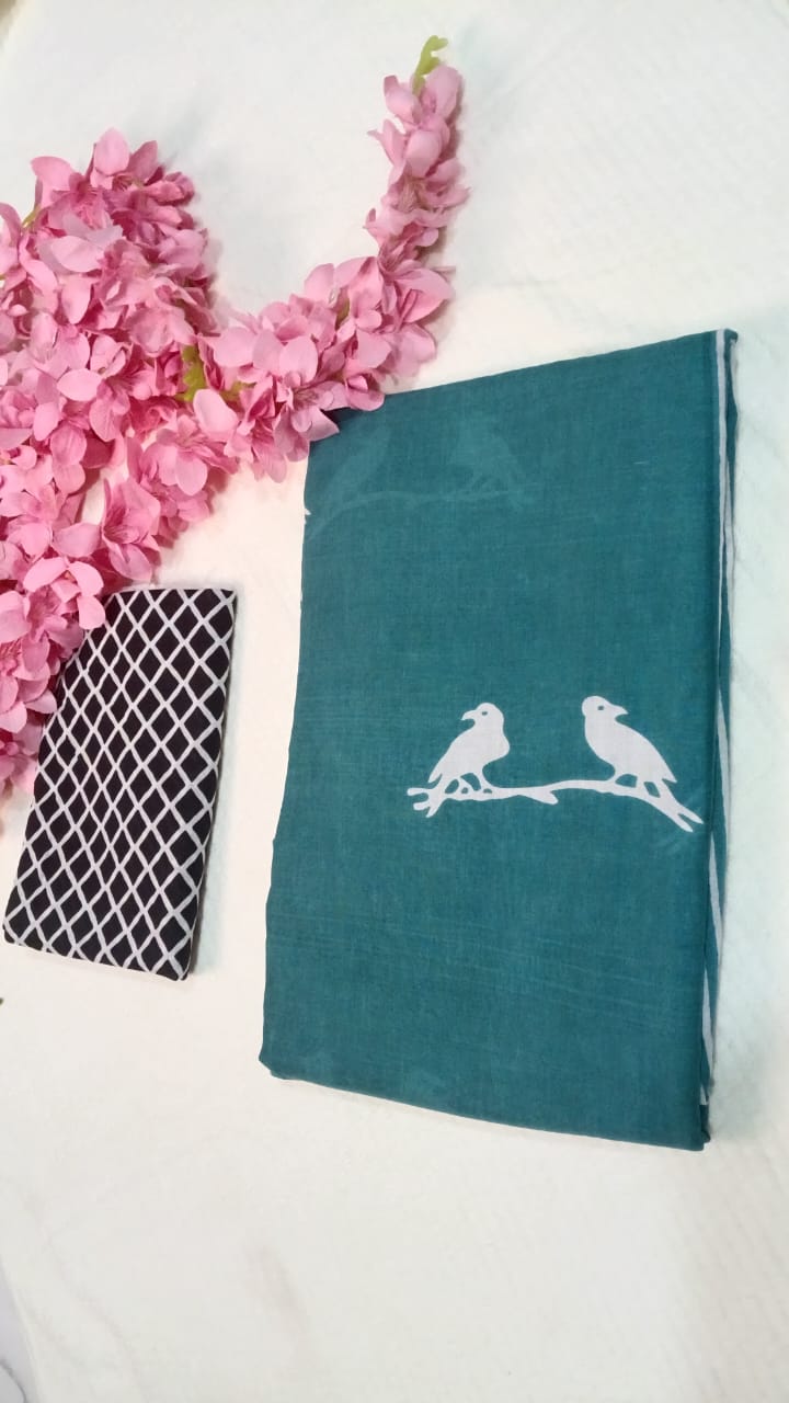 pigeon hand block print emerald green mul cotton saree