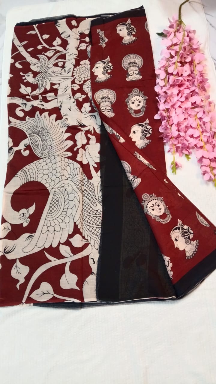 Maroon kalamkari mul cotton saree