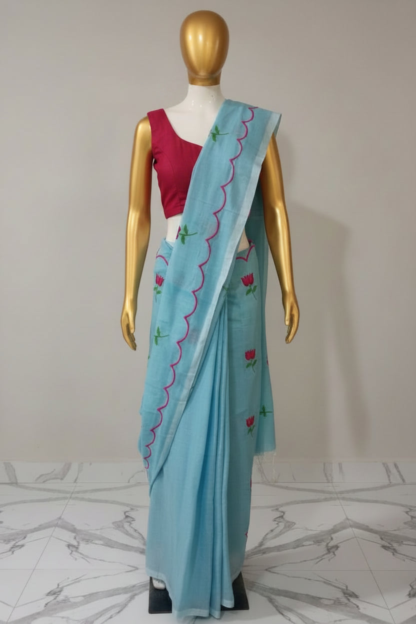 Sky blue embroidered khadi cotton saree
