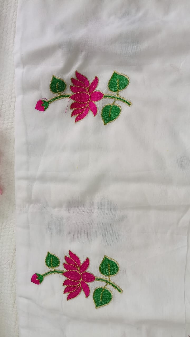 White lotus bordered embroidered khadi cotton saree
