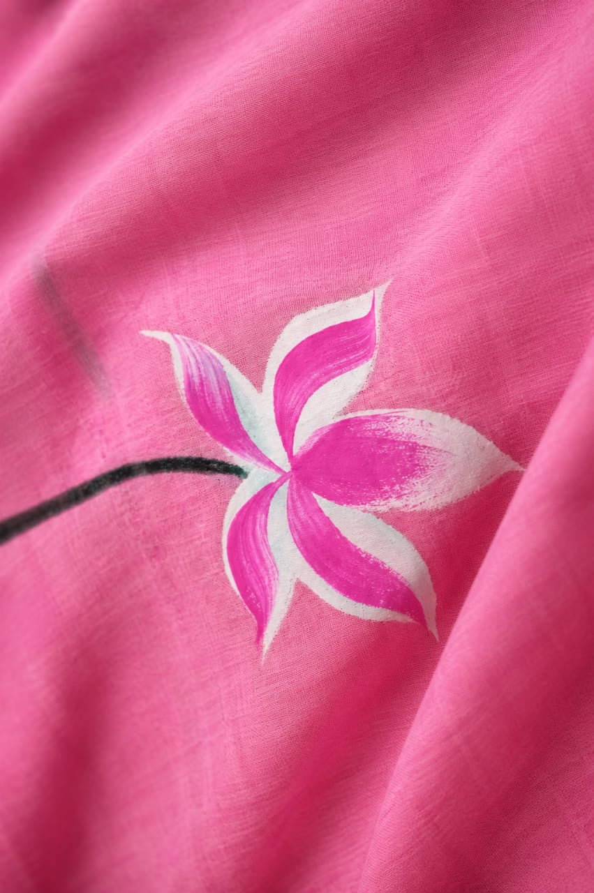 Pink Hand painted khadi cotton sari