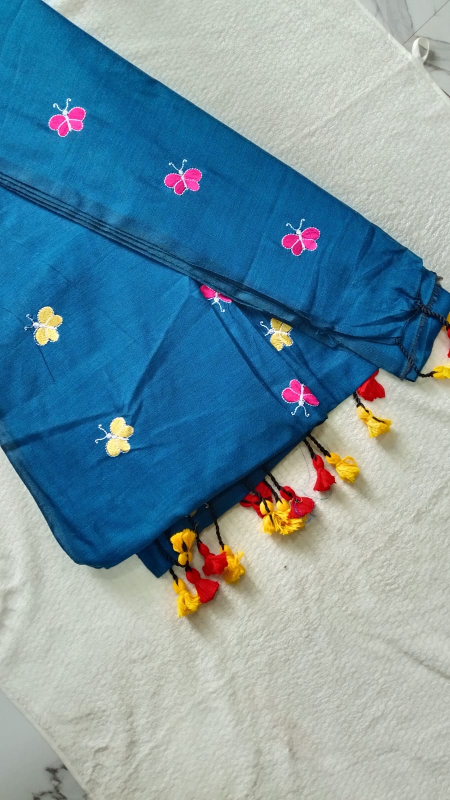 butterfly embroidered blue khadi cotton saree