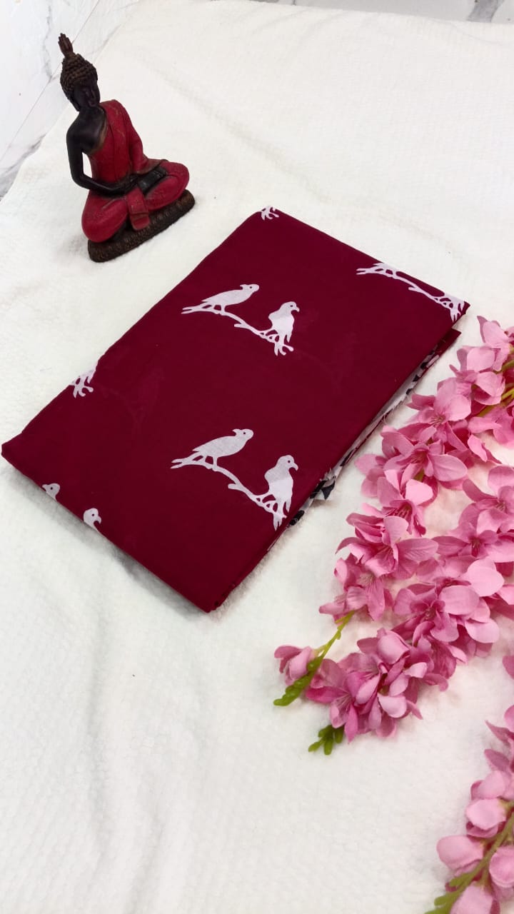 Maroon pigeon hand block print mul cotton saree