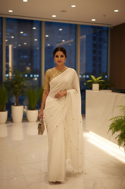 white mul cotton saree