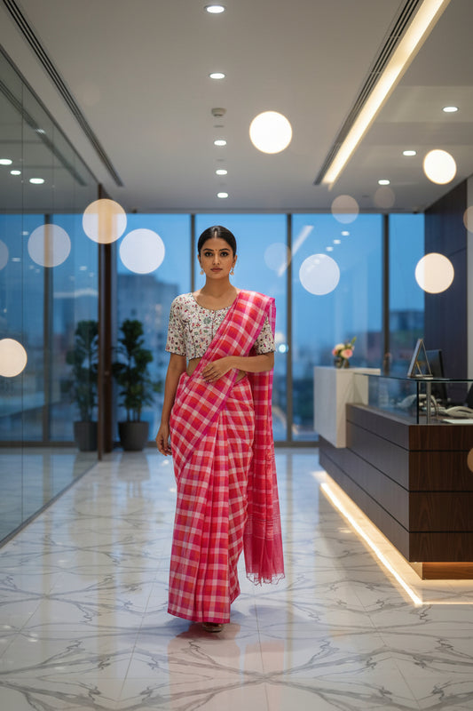 red Checks mul cotton saree