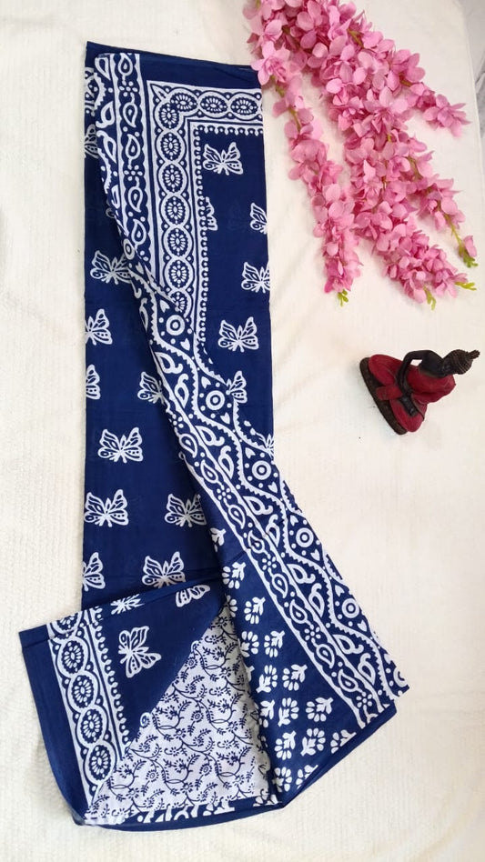 Blue butterfly hand block print mul cotton saree