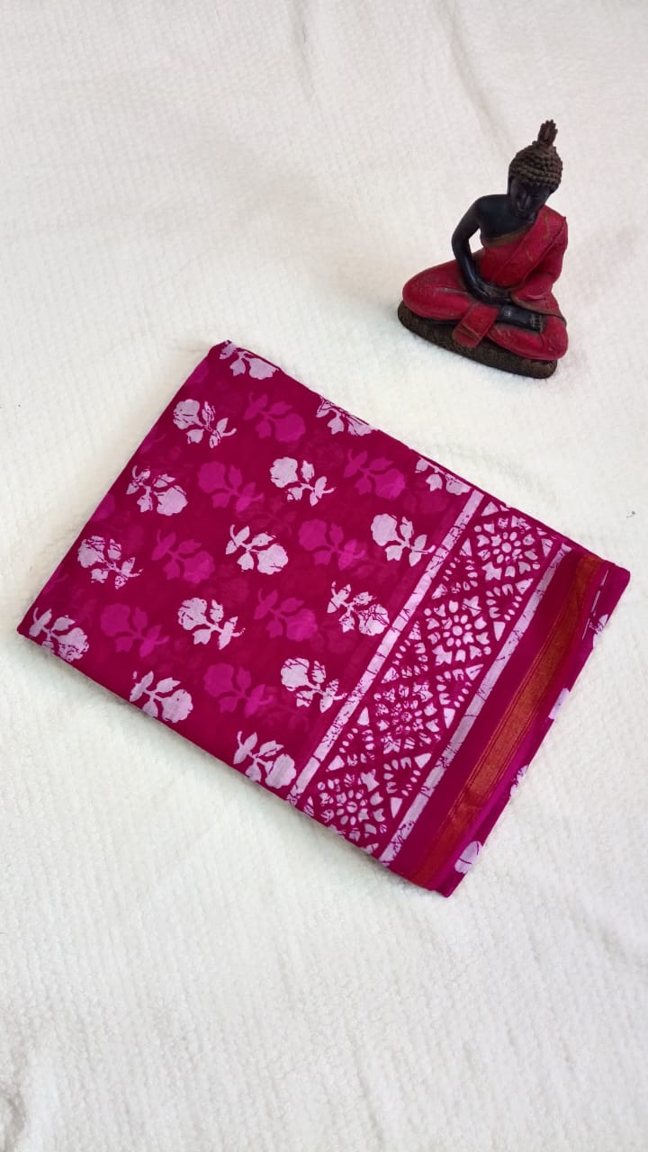 Pink Hand Block print mul cotton saree