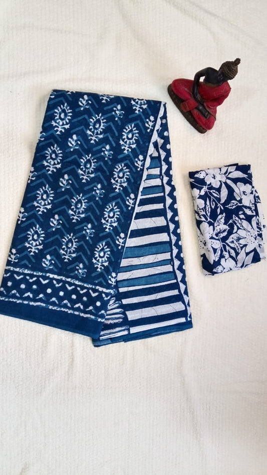Blue hand block printed mul cotton saree