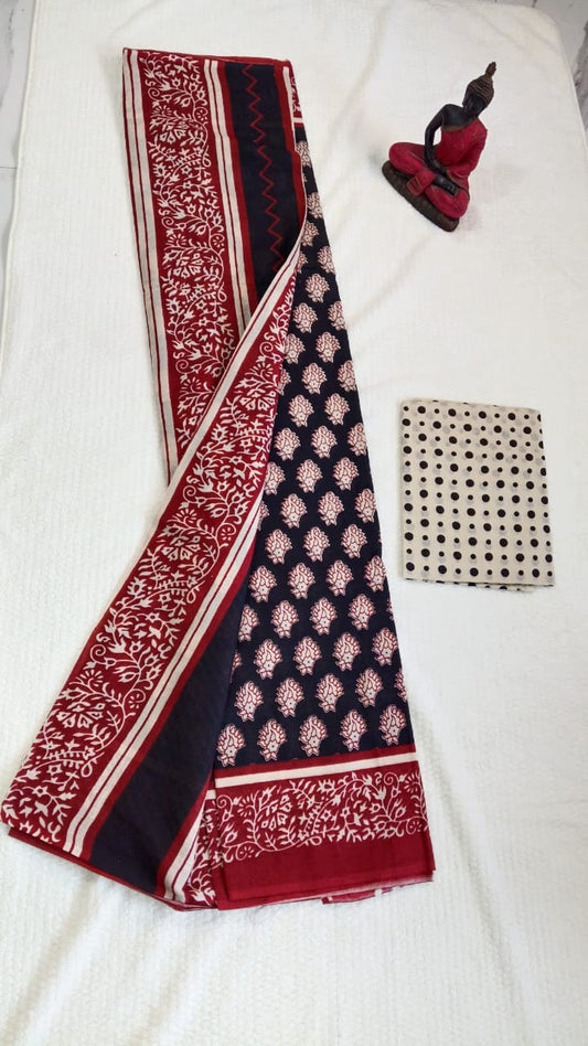 Black hand block printed mul cotton saree