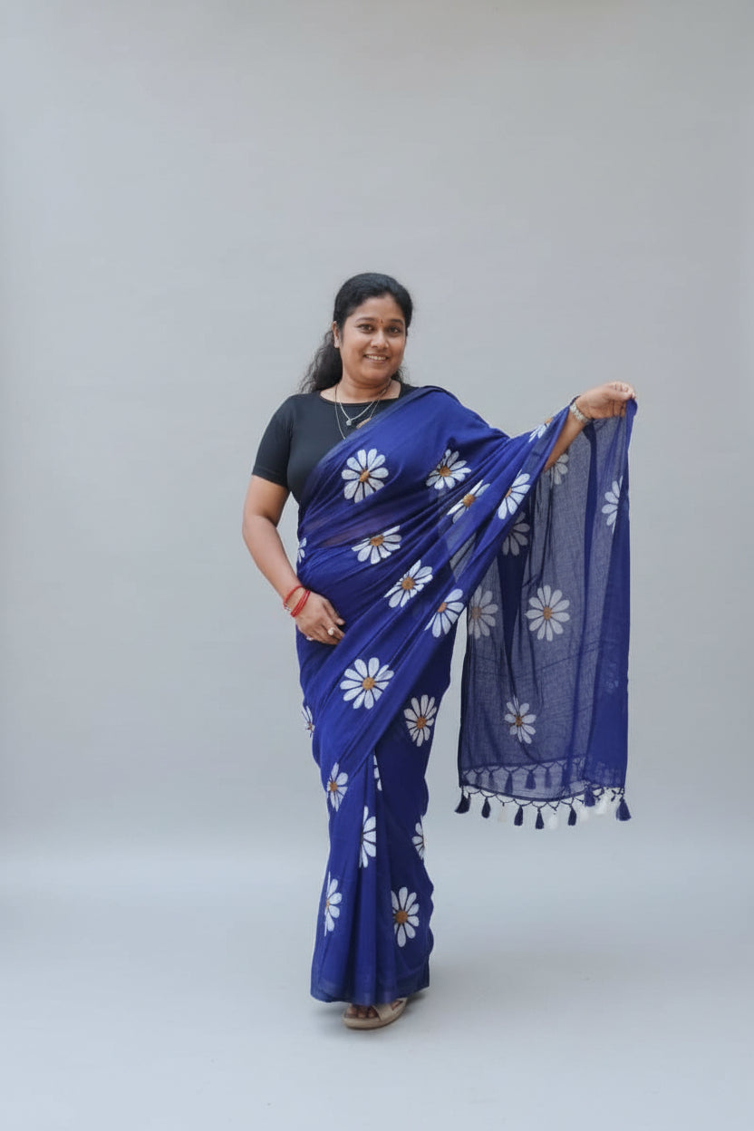 Blue hand painted mul cotton saree