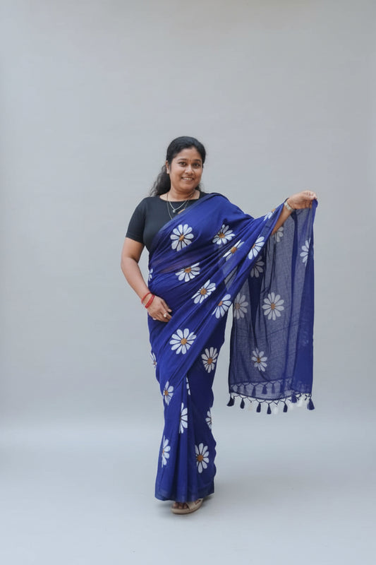 Blue hand painted mul cotton saree