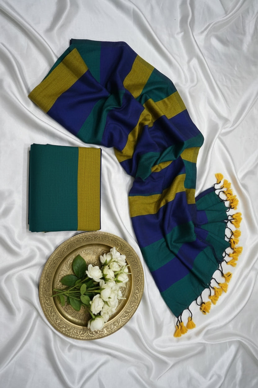 Blue, Green Kadi cotton saree