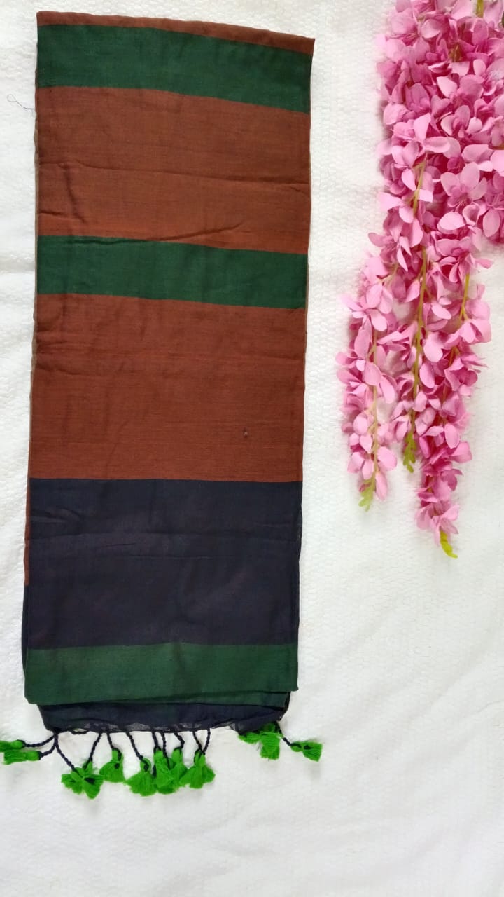 stripped brown green khadi saree