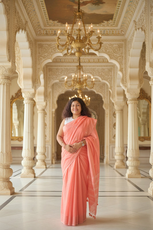 Peach colour mul jamdhani cotton saree
