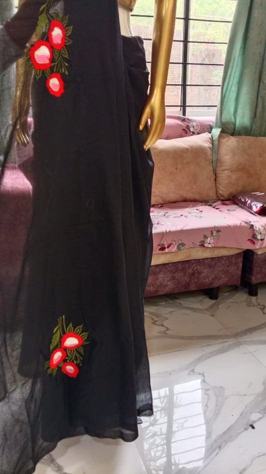 Black Handwoven embroidery mul cotton saree