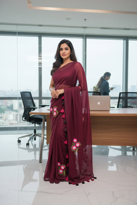 Maroon hand woven mul cotton saree