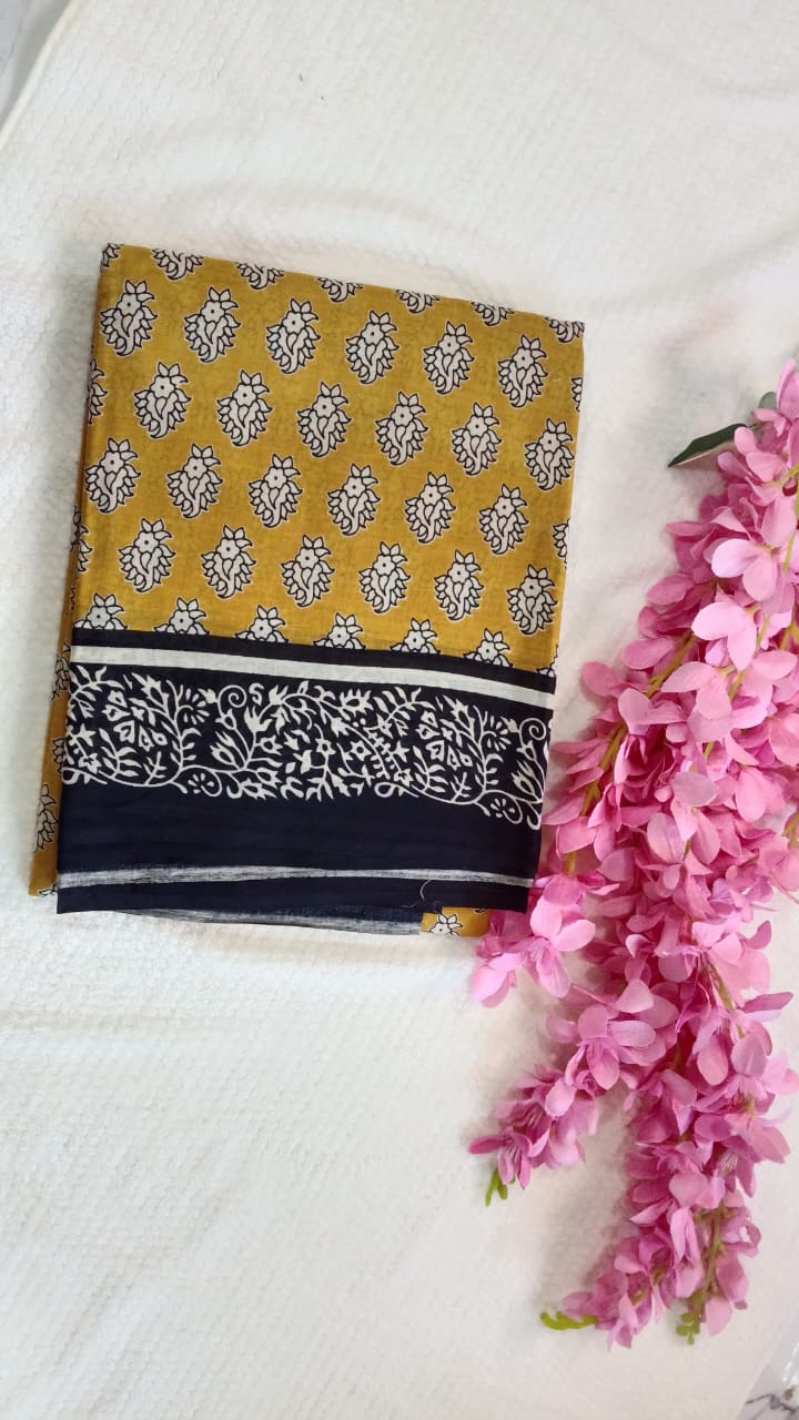 Yellow Hand block printed mul cotton saree
