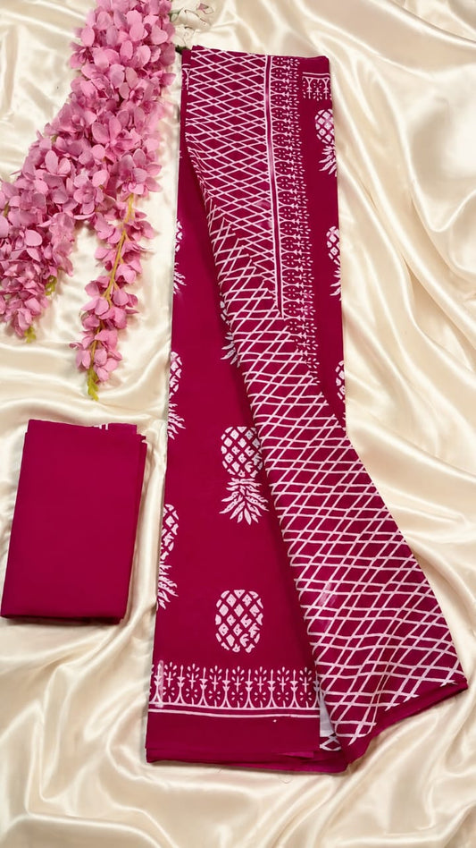 Hand block pineapple print pink mul cotton saree