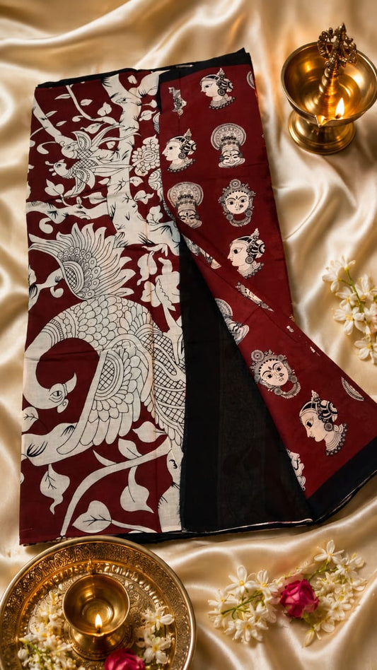 Maroon kalamkari mul cotton saree