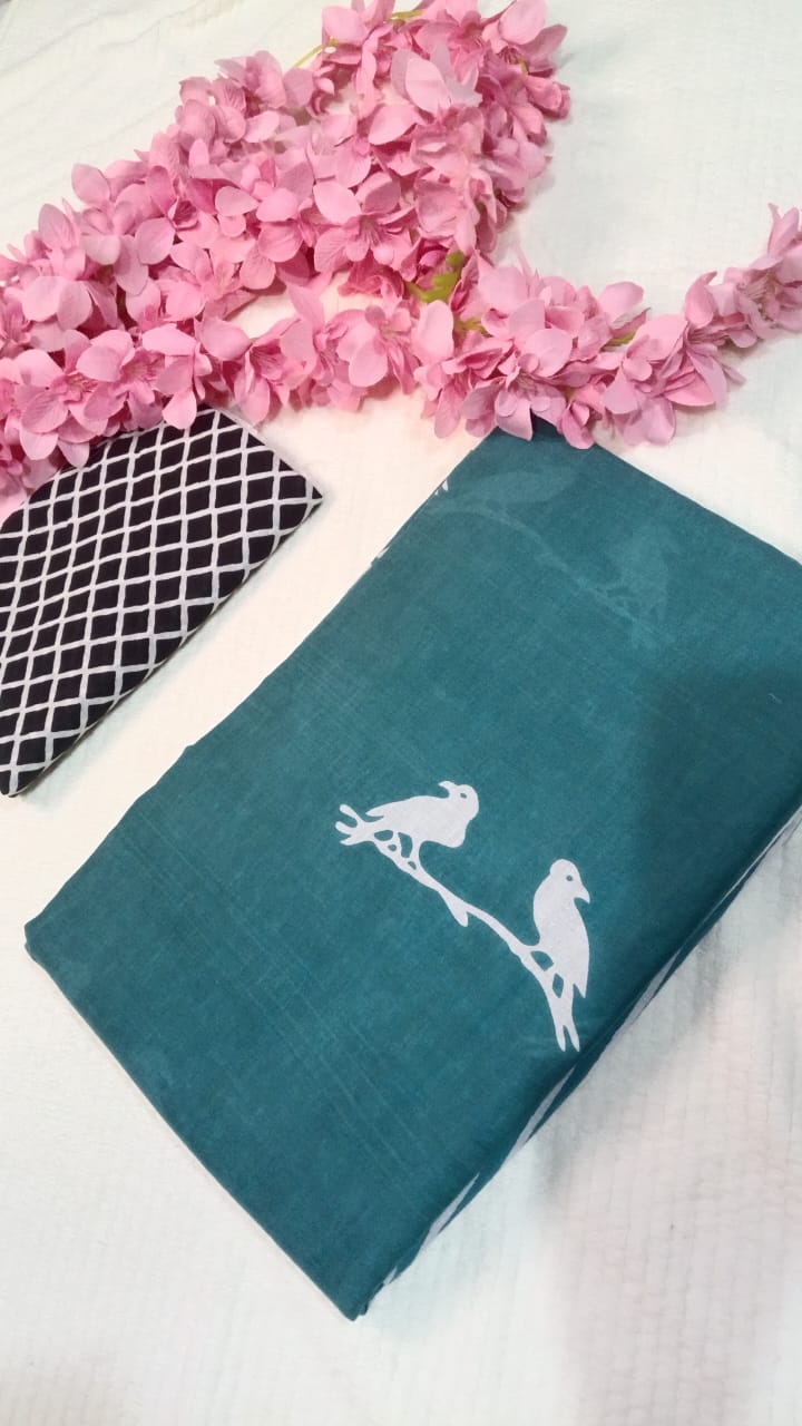 pigeon hand block print emerald green mul cotton saree