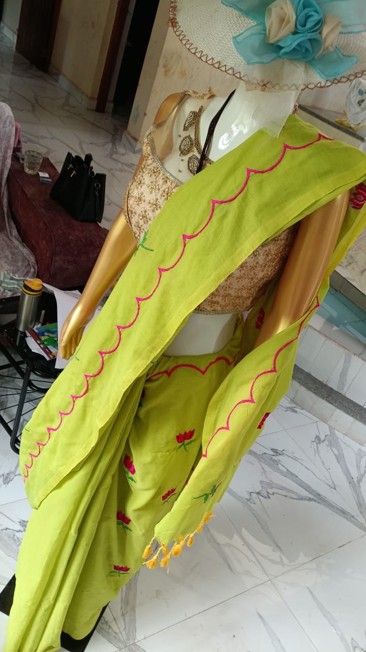 Parrot green embroidered khadi cotton saree