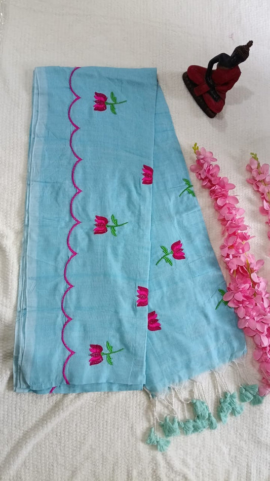Sky blue embroidered khadi cotton saree