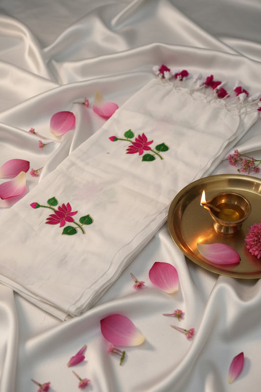 White lotus bordered embroidered khadi cotton saree