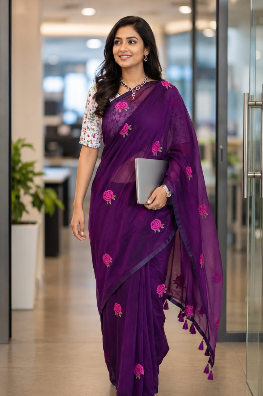 purple rose embroidery mul cotton sari