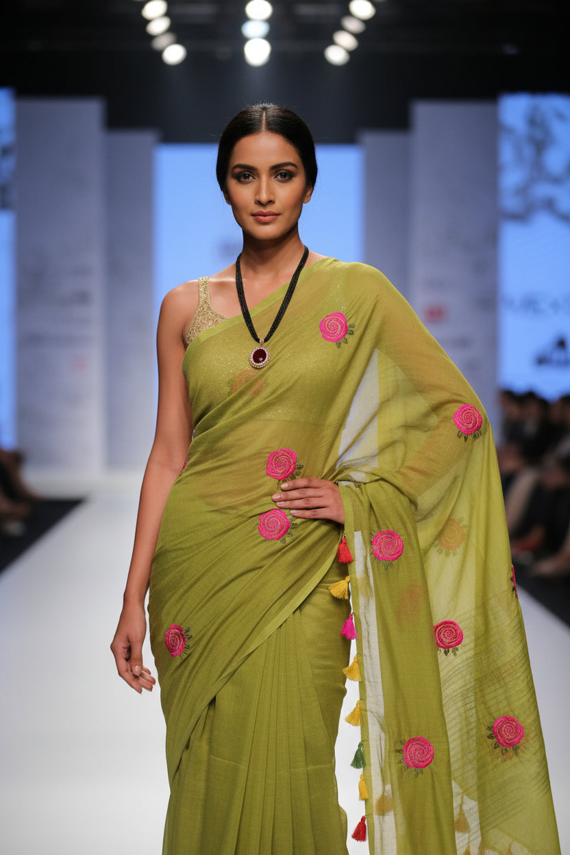 Parrot green rose embroidered mul cotton sari