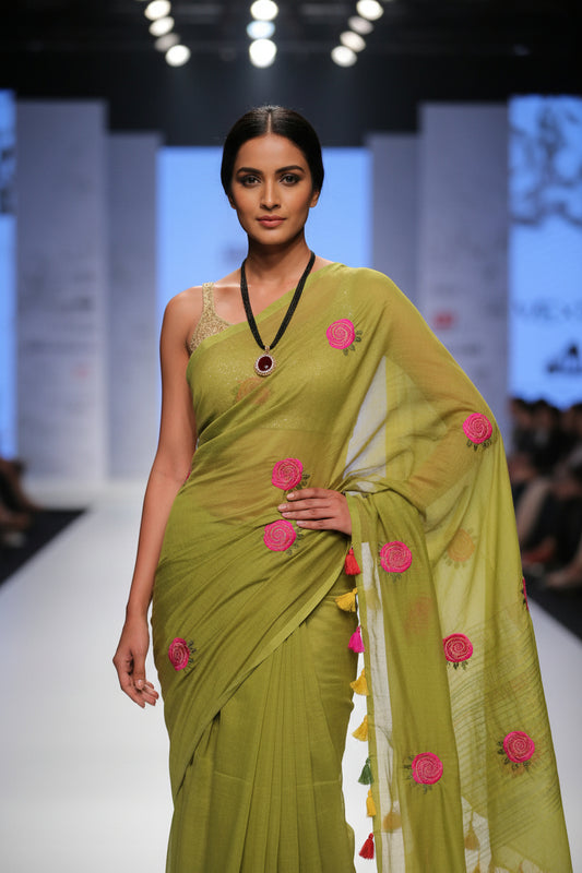 Parrot green rose embroidered mul cotton sari