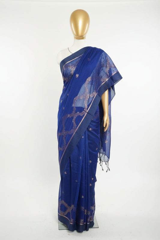 Blue zari work mul cotton saree