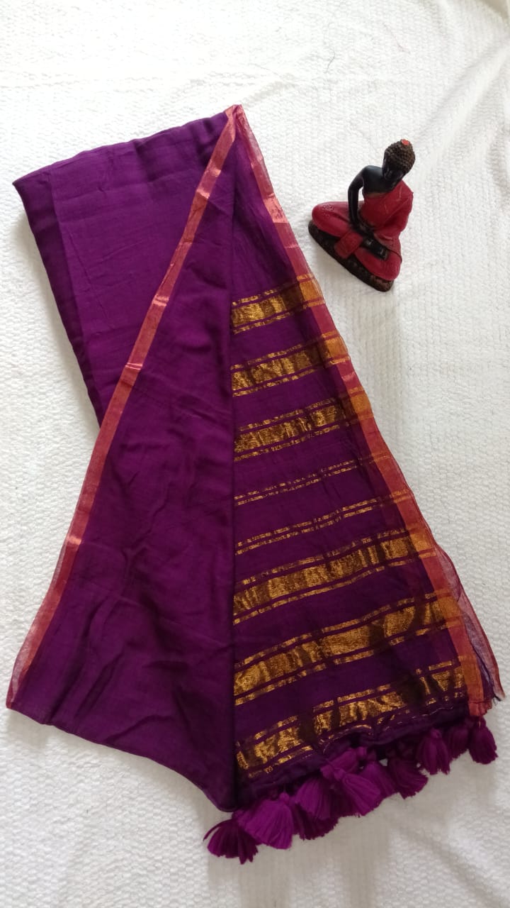 Purple bordered mul cotton saree