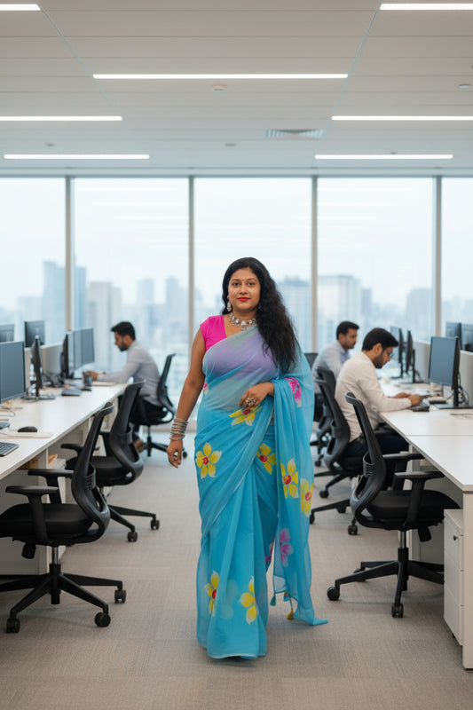 Hand painted flower blue mul cotton saree