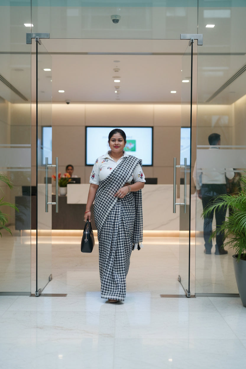 Black checkered mul cotton saree