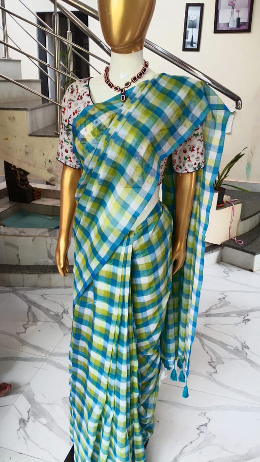Blue checks mul cotton sari