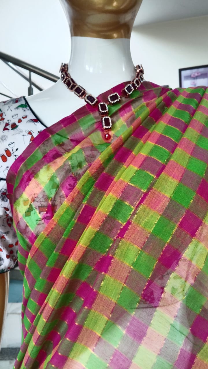 Pink checks mul cotton saree
