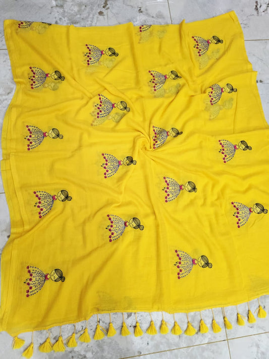 Yellow doll embroidered khadi cotton saree