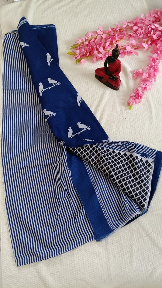 Blue pigeon hand block print mul cotton saree