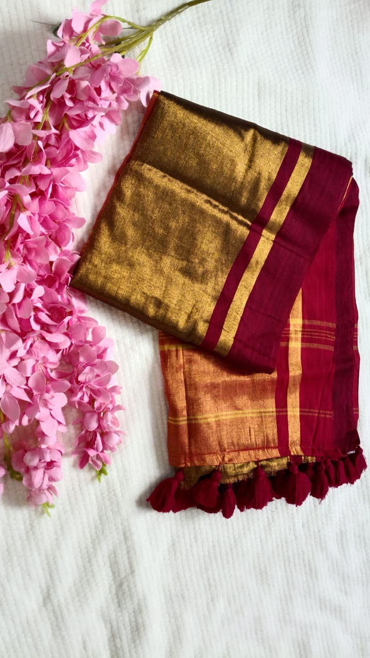 Gold maroon mul tissue sari