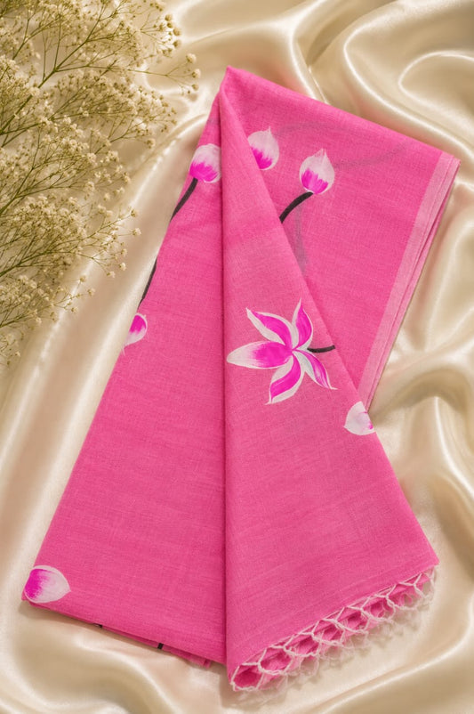 Pink Hand painted khadi cotton sari