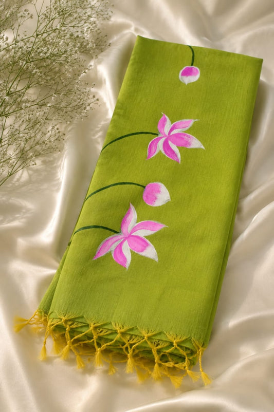 Parrot green hand painted khadi sari