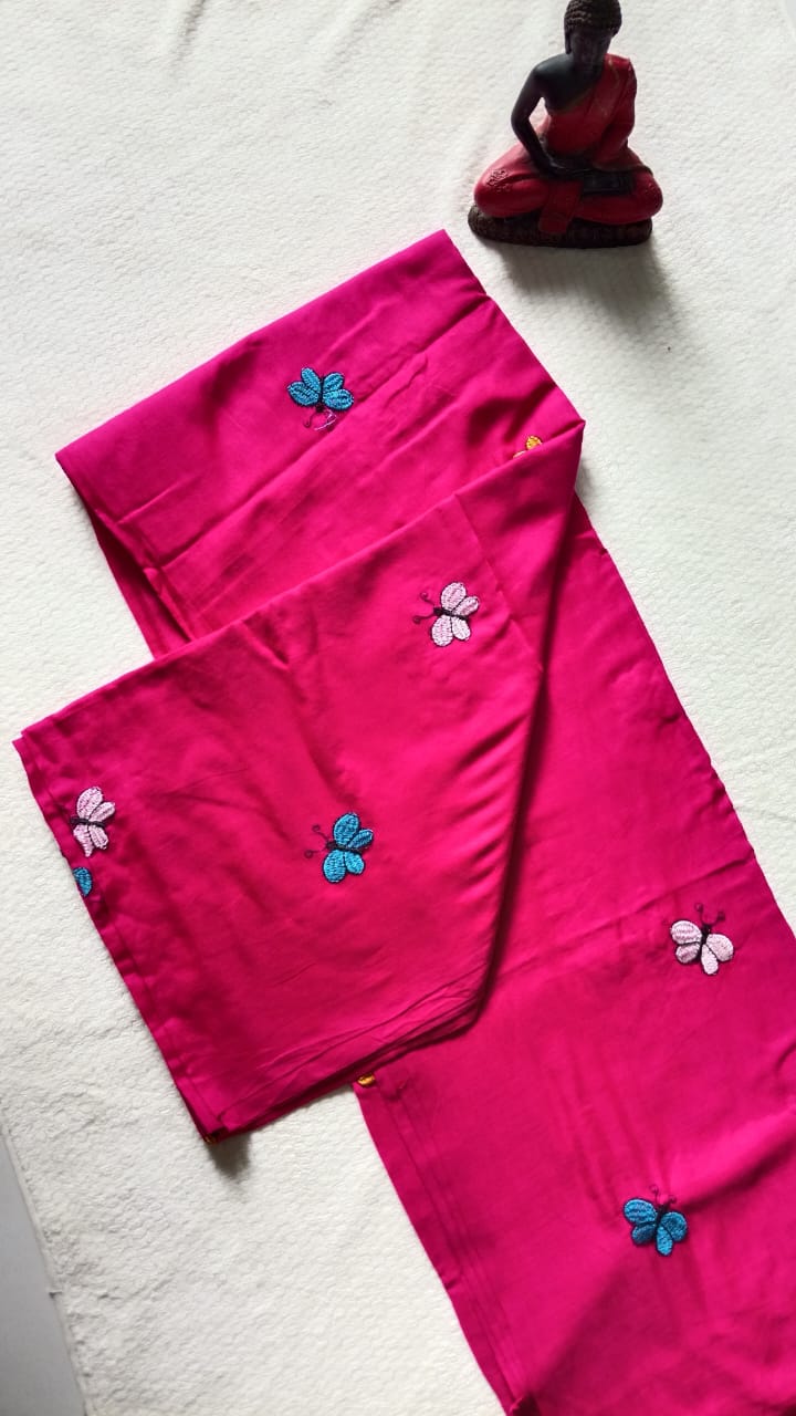 Butterfly embroidered khadi cotton saree