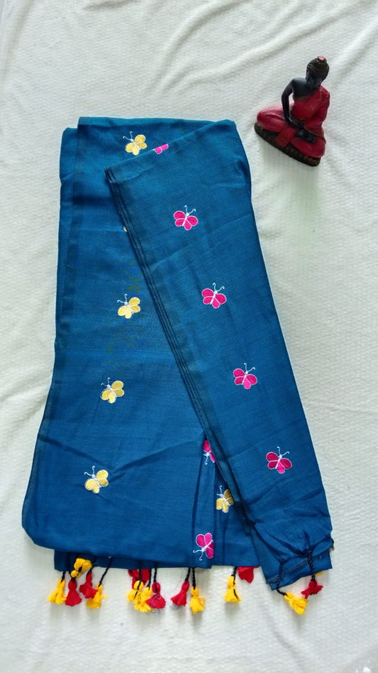butterfly embroidered blue khadi cotton saree