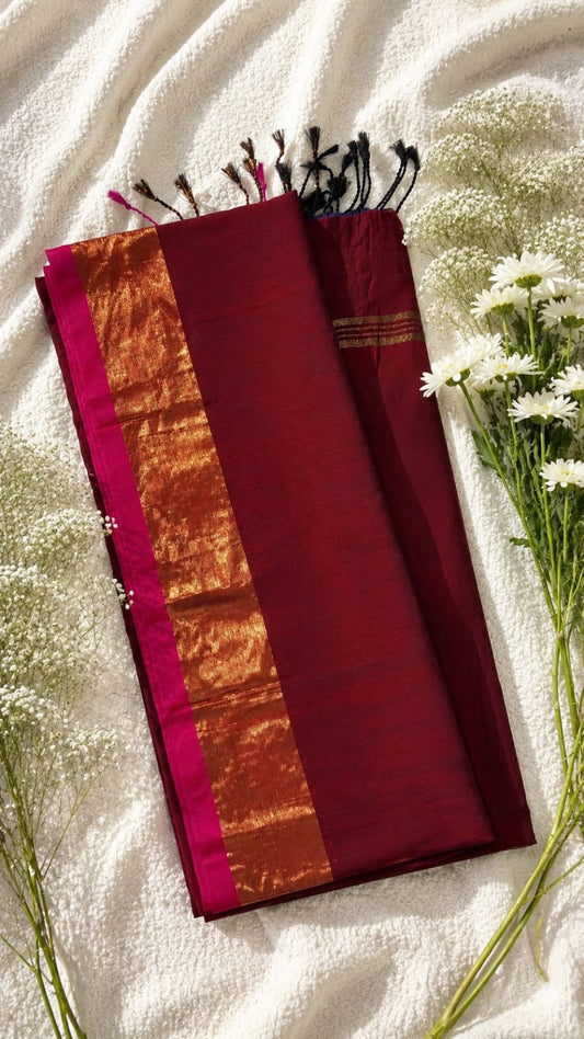 Maroon bordered khadi cotton saree